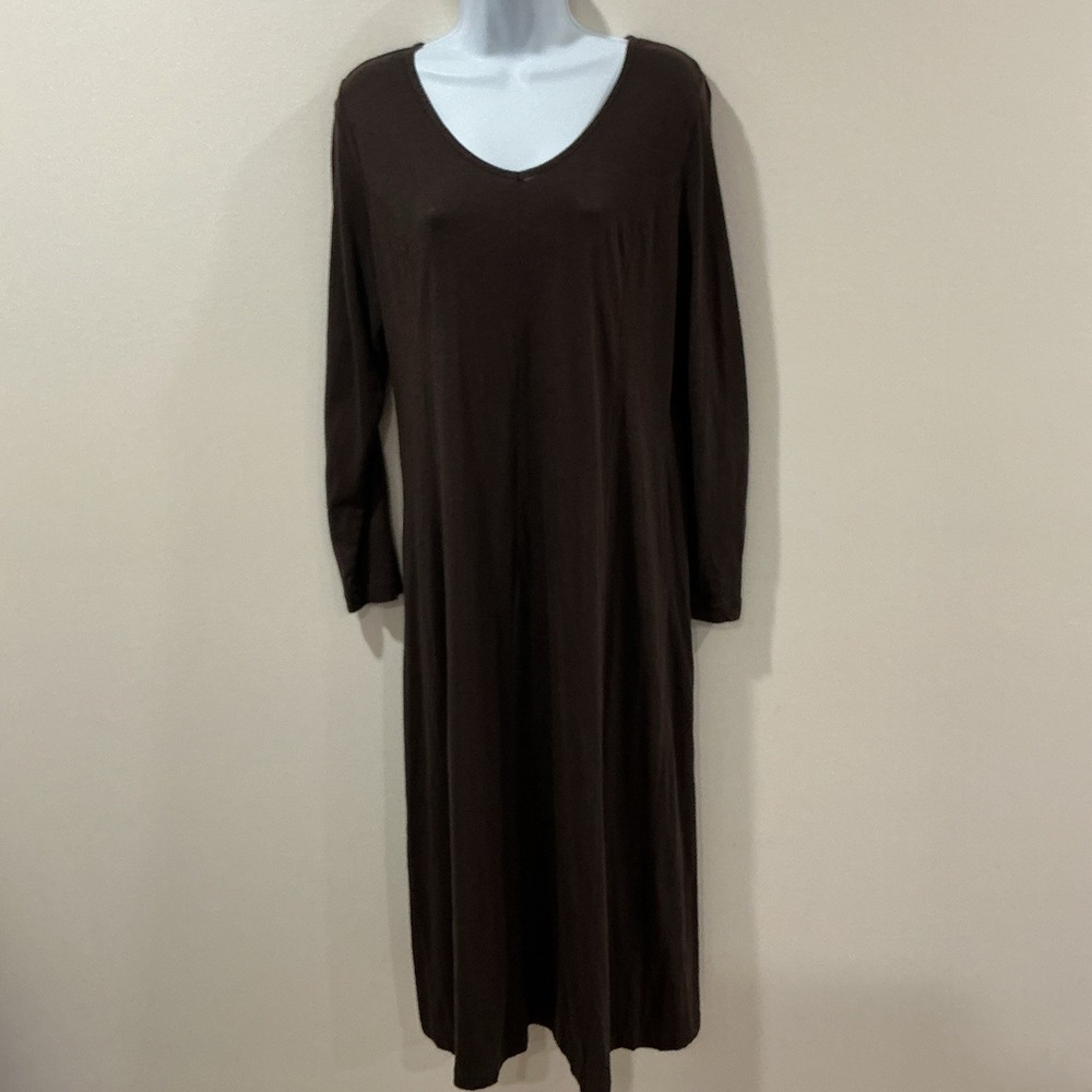 J Jill Maxi Dress Brown Knit‎ Long Sleeve Minimalist Lagenlook Size Medium